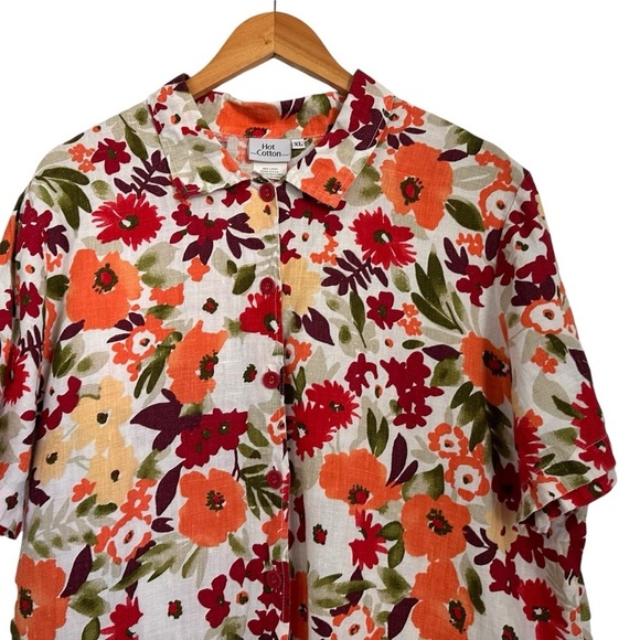 Hot Cotton Womens 100% Linen Floral Button Up Top XL Multicolor Short Sleeve USA - Picture 3 of 6